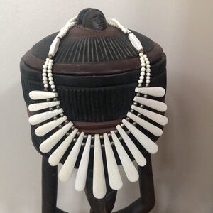 Carved Bone Collar Necklace W/ Silver Tone Beads- Hand Crafted- Vintage -19 1/2"